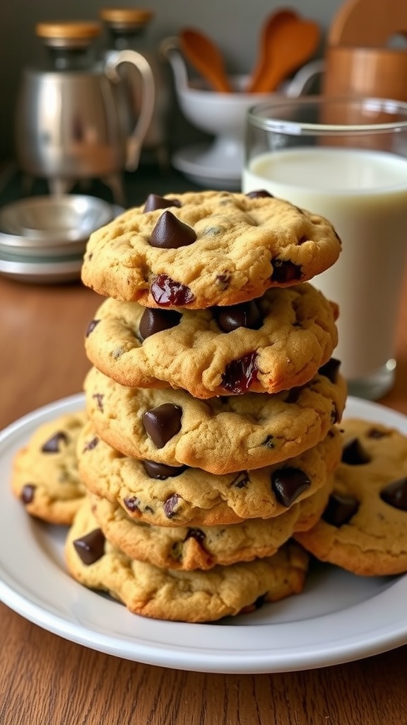 A stack of warm chocolate chip cookies with melted chocolate chips, served on a plate next to a glass of milk.